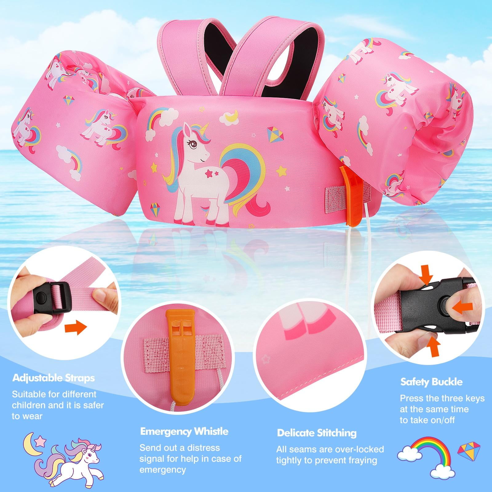 MoKo Toddler Swim Vest for Kids 20-30-50lbs, Swim Arm Floaties Pool Learning Swim Training Equipment, Pink Unicorn