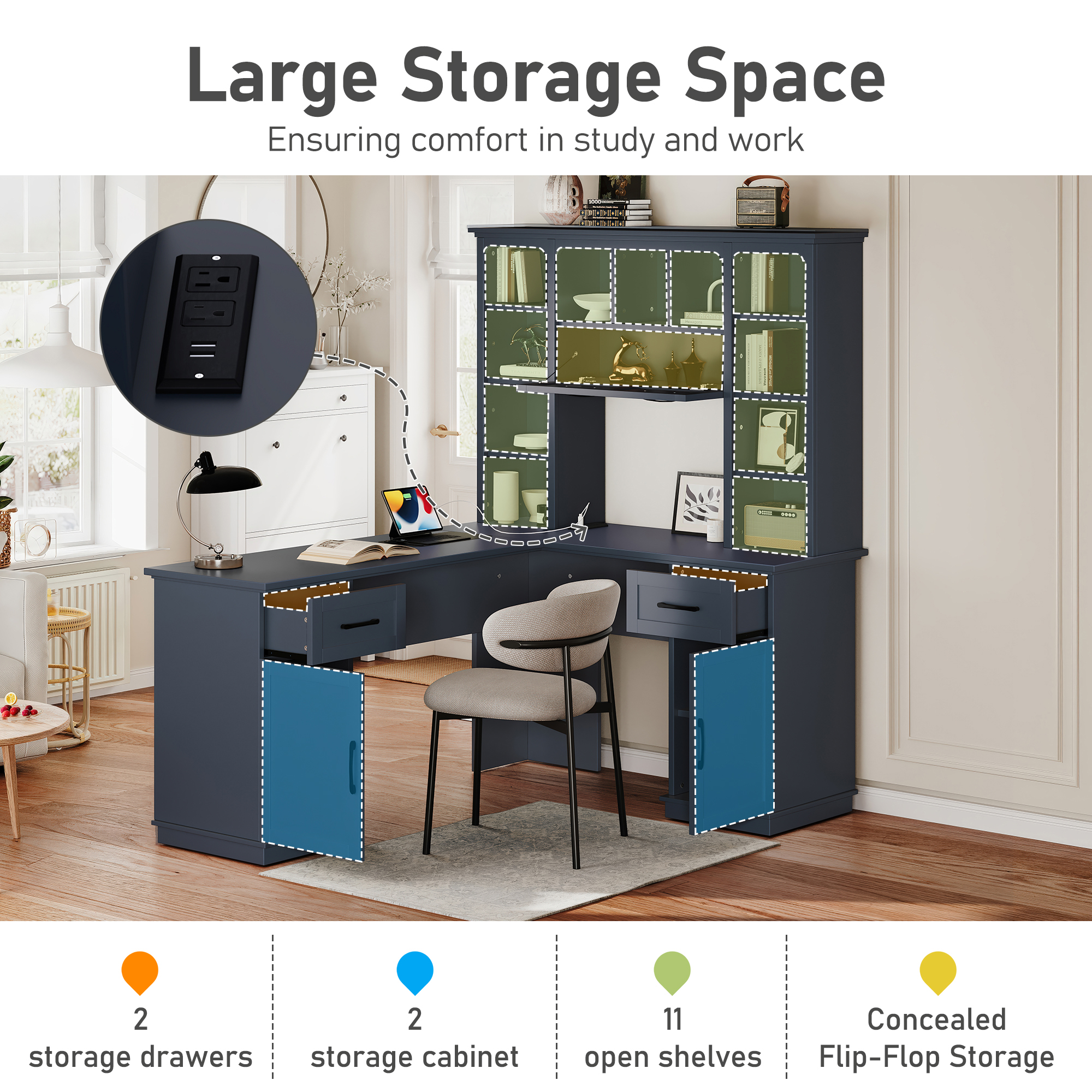 MDQMD Modern L-Shaped Blue Office Desk with Drawer and Shelves,Computer Desk with Storage for Study, Office