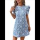 thumbnail image 2 of Vestido Corto Bohemio de Verano con Mangas Abullonadas y Estampado Floral para Mujer, Cintura Alta Azul XXL, 2 of 7