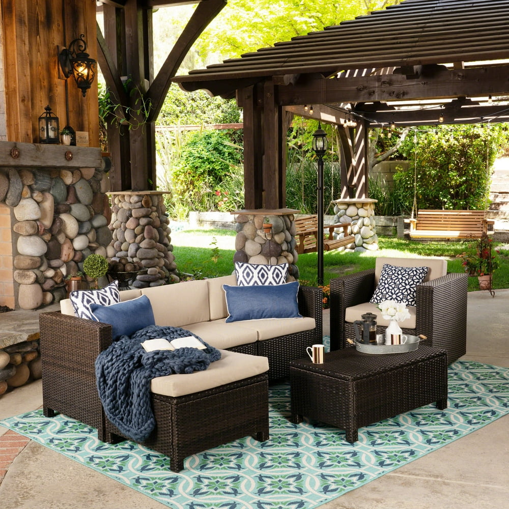 Cascada Outdoor 6 Piece Wicker LShaped Sectional Sofa Set with