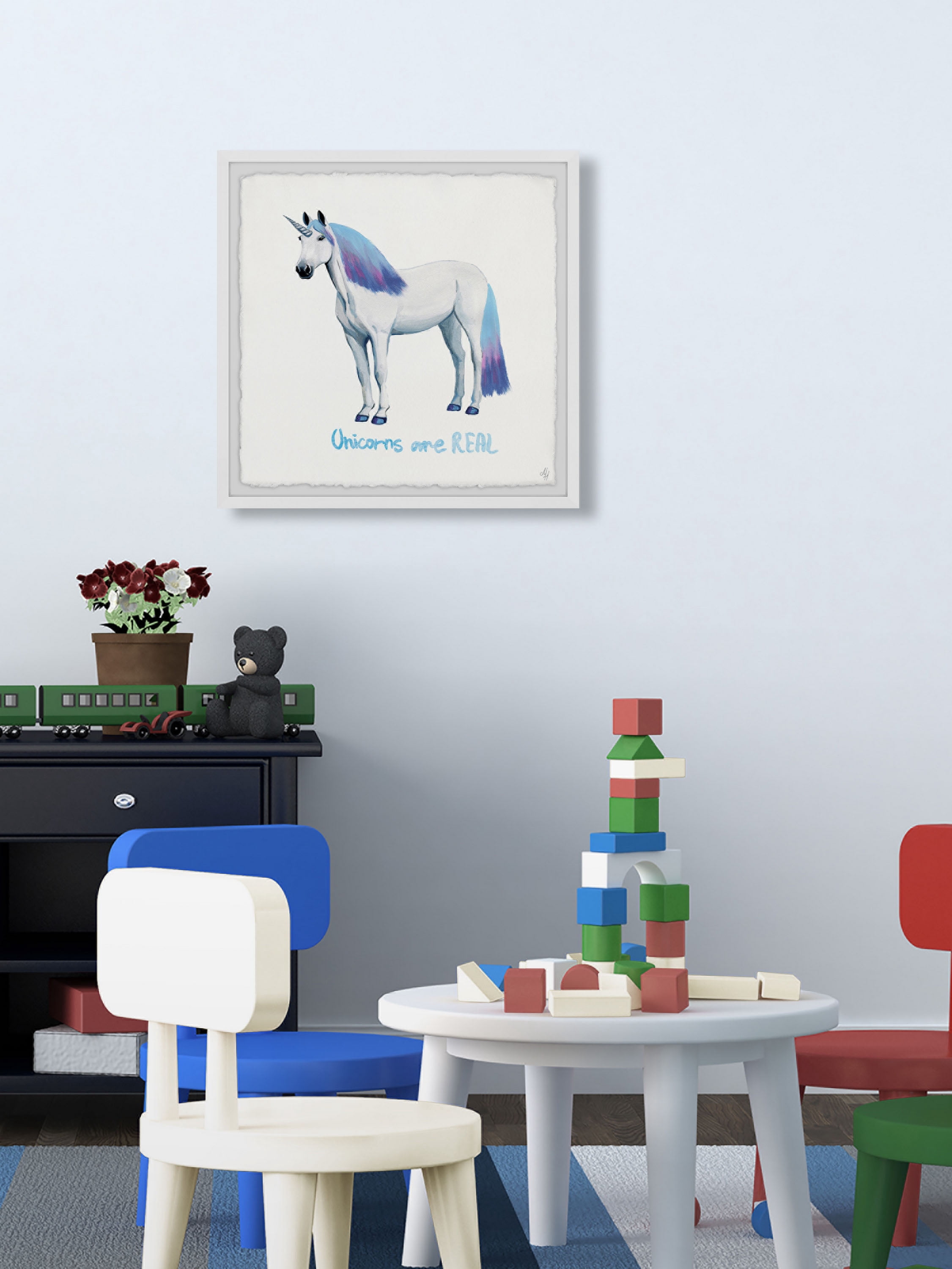 Marmont Hill Blue Ombre Unicorn Hair Framed Wall Art
