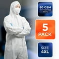 thumbnail image 2 of Disposable Coveralls. Pack of 5 White 4XLarge Full Body Protective Suits of Laminated Polypropylene 60 gsm. Adult PPE Protective Suit with Hood, Zipper, 4XL5Pack, 2 of 8