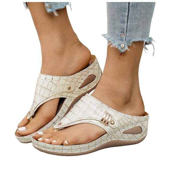 Rokment Women's Orthopedic Wedges Flip Flops Dress Sandals 2026 Summer Fashion Casual Comfortable Leather Platform Arch Support Walking Thongs Beach Slip on Slides Beige Size 6