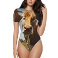 thumbnail image 1 of Kdxio Motif Vache Champ de Fleurs, Justaucorps à Manches Courtes pour Femmes, Col Rond, Modal Doux, Ajustement Confortable, Aguichant, TTG, 1 of 7