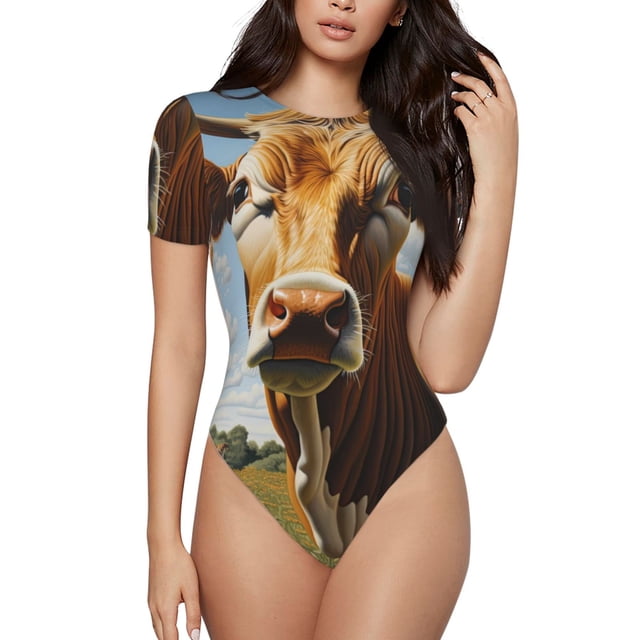 Kdxio Motif Vache Champ de Fleurs, Justaucorps à Manches Courtes pour Femmes, Col Rond, Modal Doux, Ajustement Confortable, Aguichant, TTG