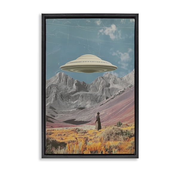 Stupell Industries UFO over Mountain Valley Fantasy & Sci-Fi Painting Black Floater Framed Canvas Art Print Wall Art, 17 x 25