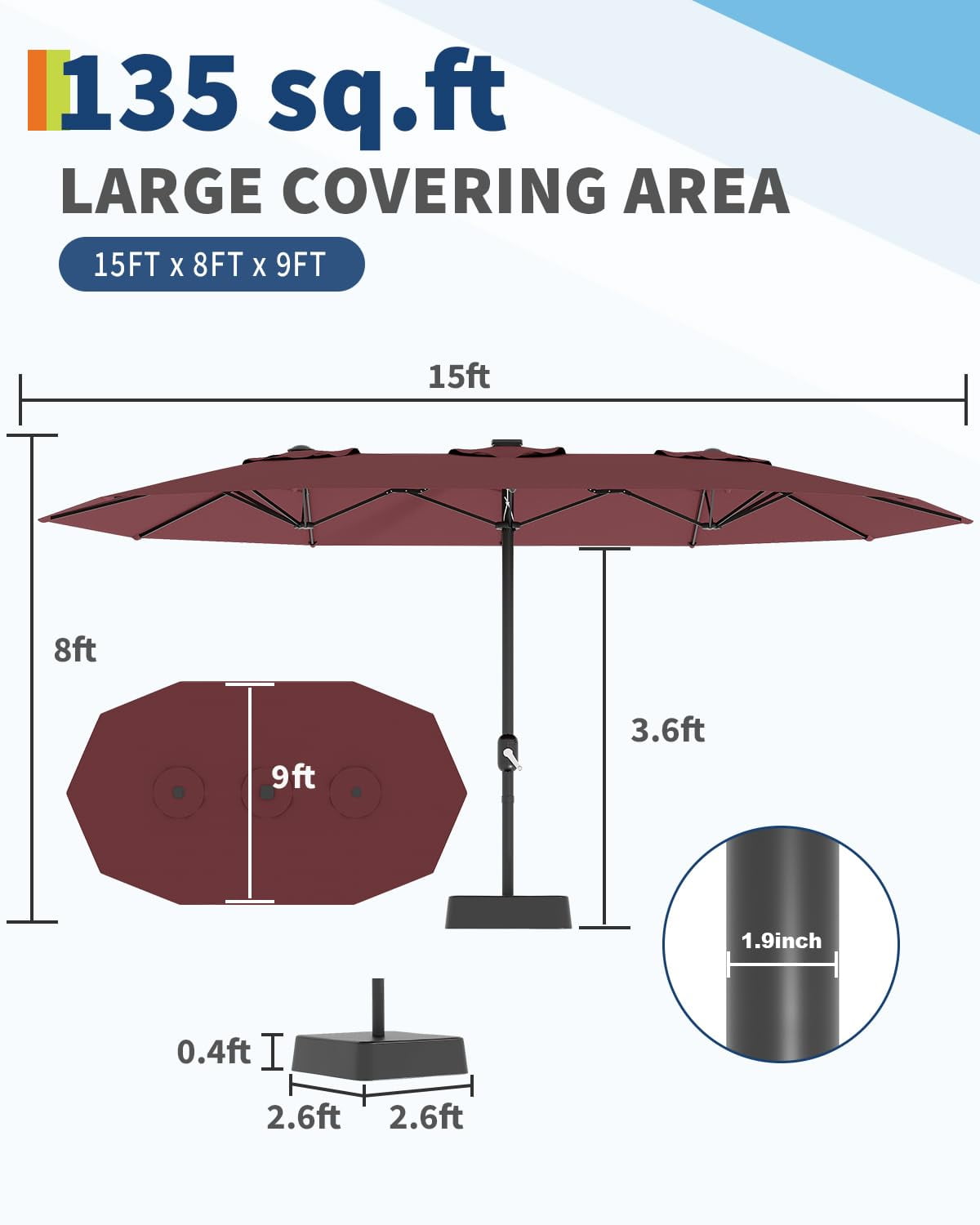 15ft Large Patio Umbrellas with Base,Outdoor Double-Sided Rectangle Market Umbrella,Crank Handle for Easy Opening,Perfect for Pool Lawn Garden,Durable & Stylish Design,UV Protection for Sun Safety