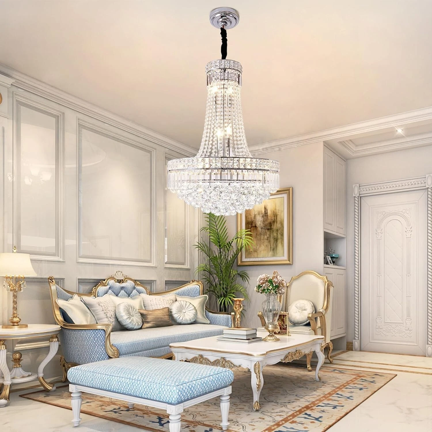 More Change Modern Crystal Chandelier Chrome Empire Hanging Chandelier 13-Lights Crystal Ceiling Pendant Light Fixture for Living Room Dining Room Foyer