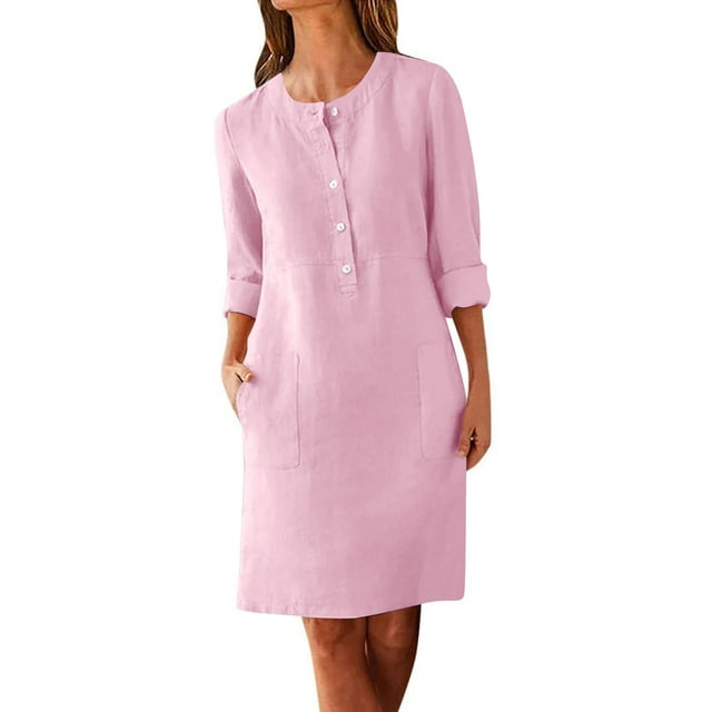Robes Midi Simples Roses pour Femmes Jusqu'aux Genoux pour Adolescentes Longues Courtes Manches 1/2 Col Ras du Cou Faux Gaze Lin Automne Été à Boutons 2025 Vêtements Mode Concert Country Y2K TG