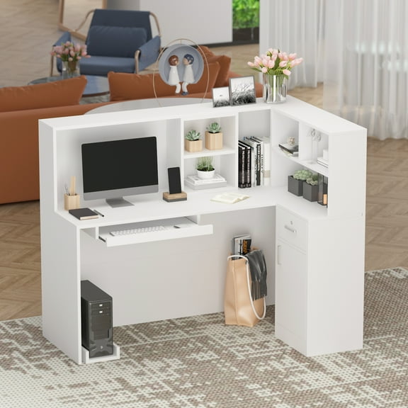 WIAWG 55.9" Reception Desk for Office/Salon Wooden L Shaped Reception Station with Drawer White