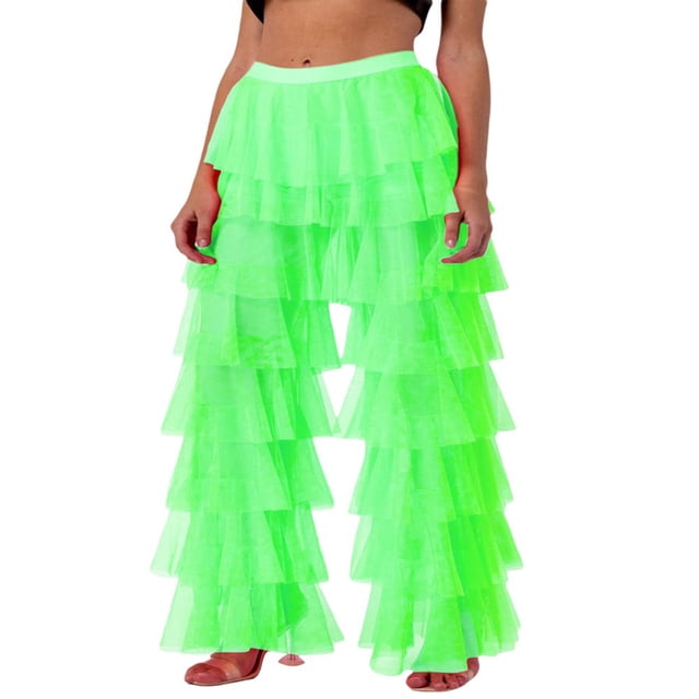 Women High Waist Trim Tulle Mesh Wide Leg Trousers Y2K Casual Solid Chiffon Multi Layer Ruffle Yarn Pants