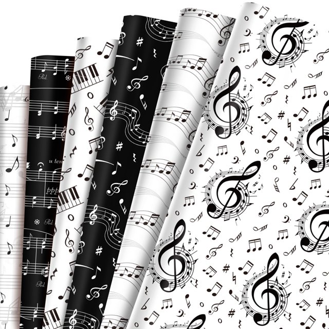 12-Sheet Musical Notes Wrapping Paper Set | Black & White Staff Music Gift Wrap | 6 Designs for Concerts, Music Themed Parties & More