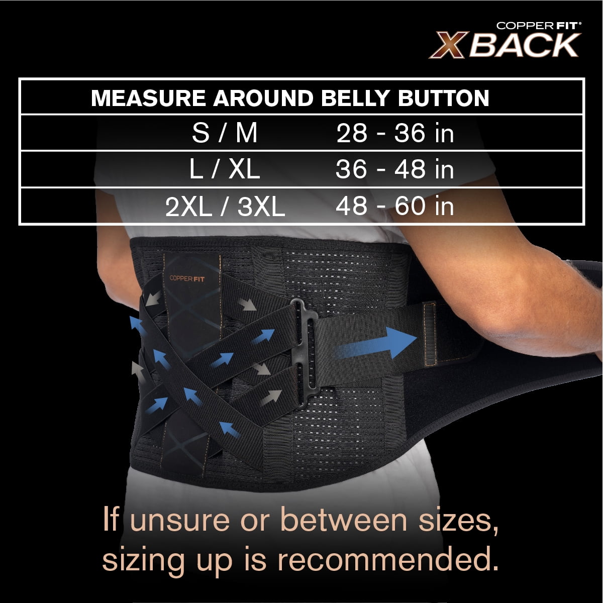 Copper Fit X-Back Brace for Lower Back Pain – Curved Lumbar Panel, Adjustable Power X Straps, L/XL