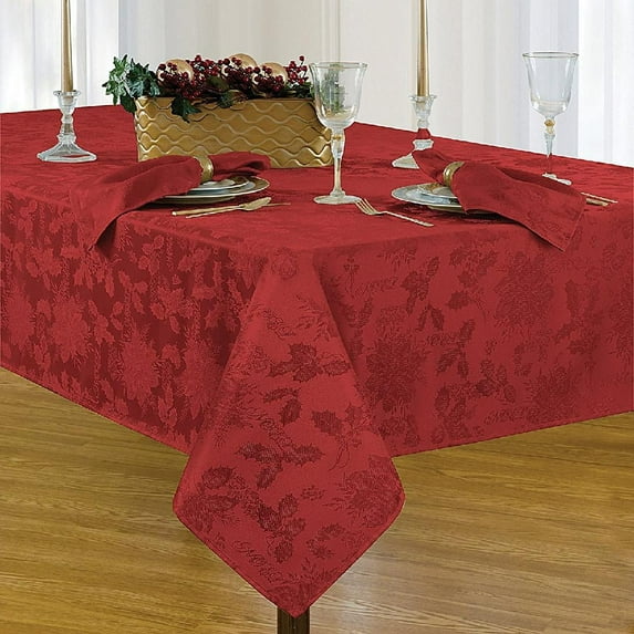 "Christmas" Carol Damask No Iron Soil Release Holiday Tablecloth, 70 Inch Round, Red