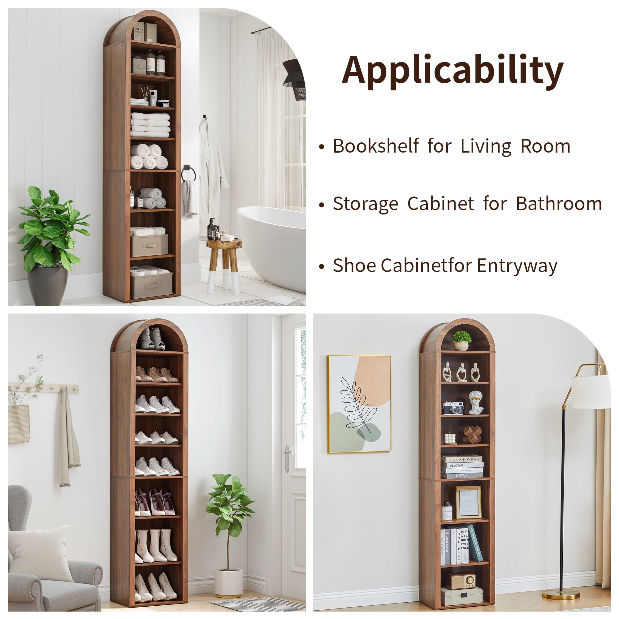 LEFHDA Narrow 8-Tier Arched Bookcase – Walnut, 15.7-Inch Wide Open Shelf for Books, Media Storage (CD/DVD), Bathroom, or Entryway