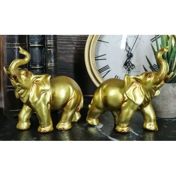 Feng Shui Gold Patina Elephant Left And Right Pair Figurines With Trunks Up