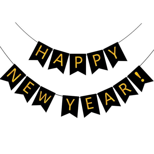 Banner negro de Feliz Año Nuevo plateado - Decoraciones de Nochevieja 2025 - en la pared como fondo para fotografías (14 x 20 cm)