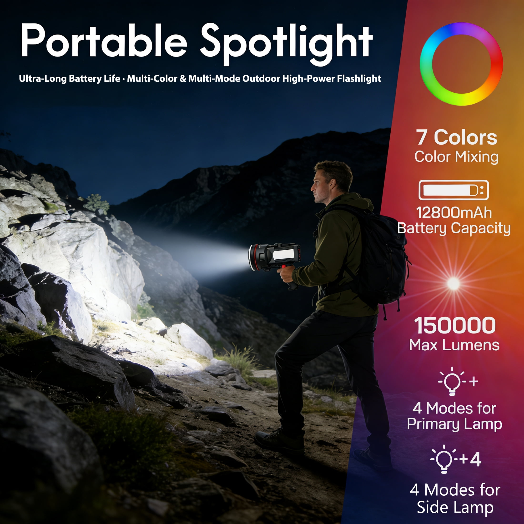 EZBY Flashlight,150000 Lumens Rechargeable Spotlight Flashlight,12800mAh High Power LED Handheld Spotlight with 6 Modes, 7 Colors,Waterproof for Camping Hunting Emergency