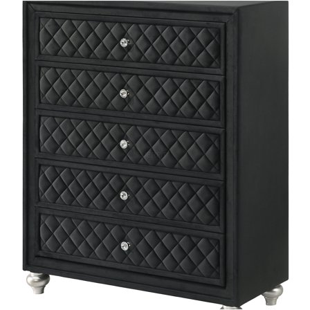 JERFIT 5-Drawer Dresser with Tufted Velvet Front and Crystal Knobs, Modern Glam Chest of Drawers for Bedroom, Black Wood Storage Cabinet