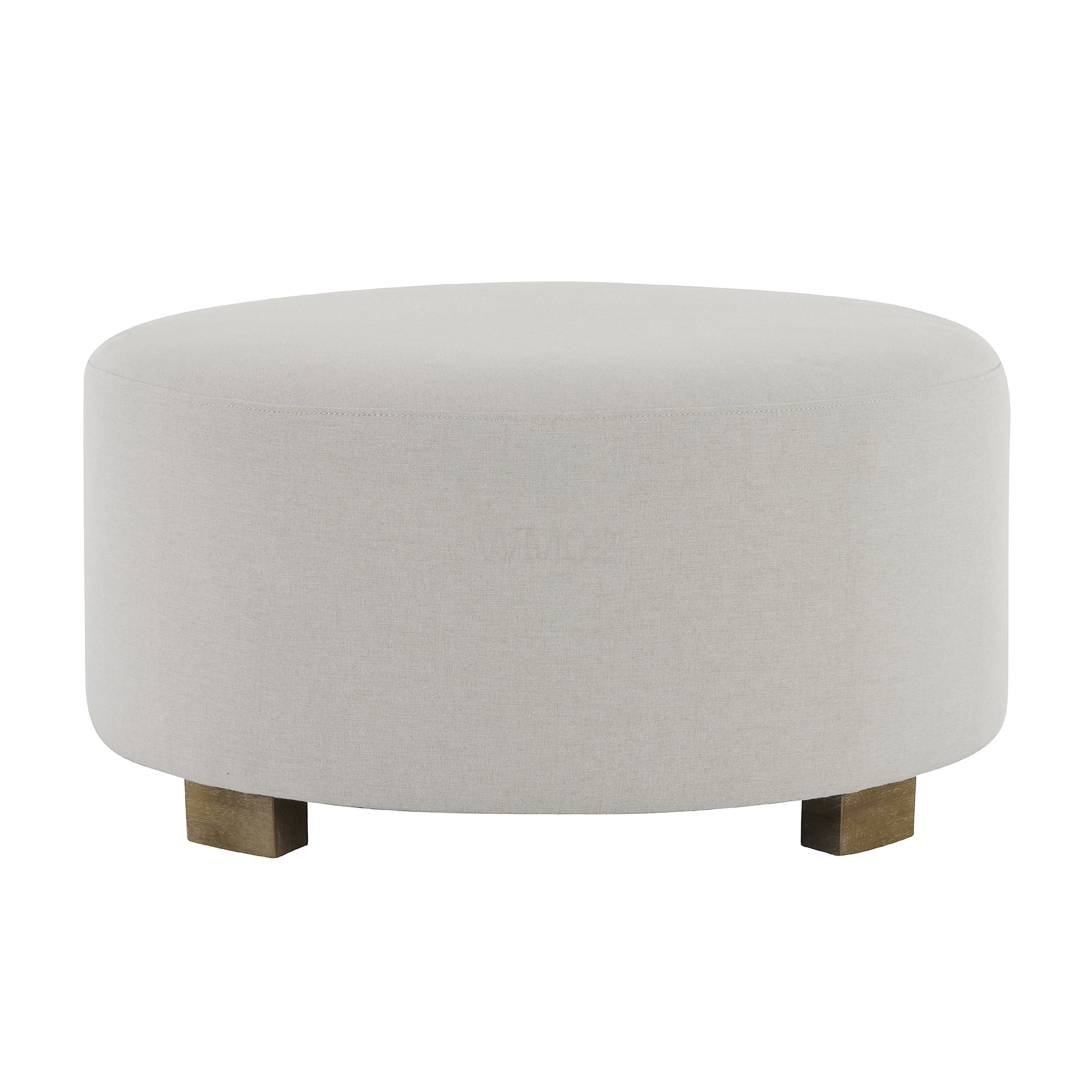 White Fabric Ottoman with Wooden Legs, Round Foot Rest Stool for Living Room, Bedroom Accent Seating