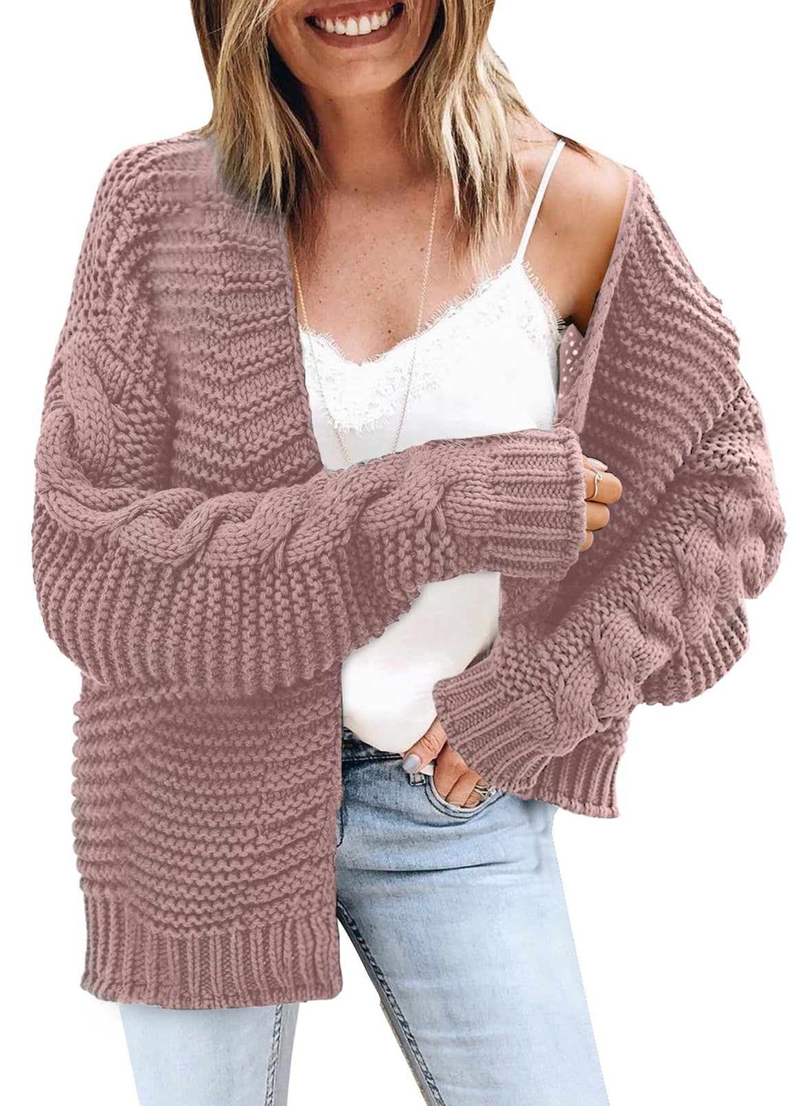 WOMENS LADIES CHUNKY LONG SLEEVE BUTTON PLUS SIZE GRANDAD CABLE OPEN CARDIGAN