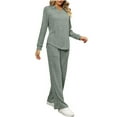 thumbnail image 2 of VBTAPA Women Sweater Set 2 Piece Outfits 2025 Long Sleeve Knit Lapel V Neck Tops High Waist Wide Leg Pants Matching Lounge Sets Yoga Track Suit on Clearance Mint Green L, 2 of 6