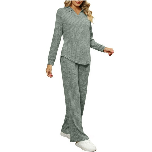 Yghzkop Womens Solid Color V Neck Tops and Pants Set Long Sleeve Ribbed Loungewear Two Piece Outfit with Pockets Casual Home Wear Comfortable Lounge Set Relaxed Fit Women Pajamas