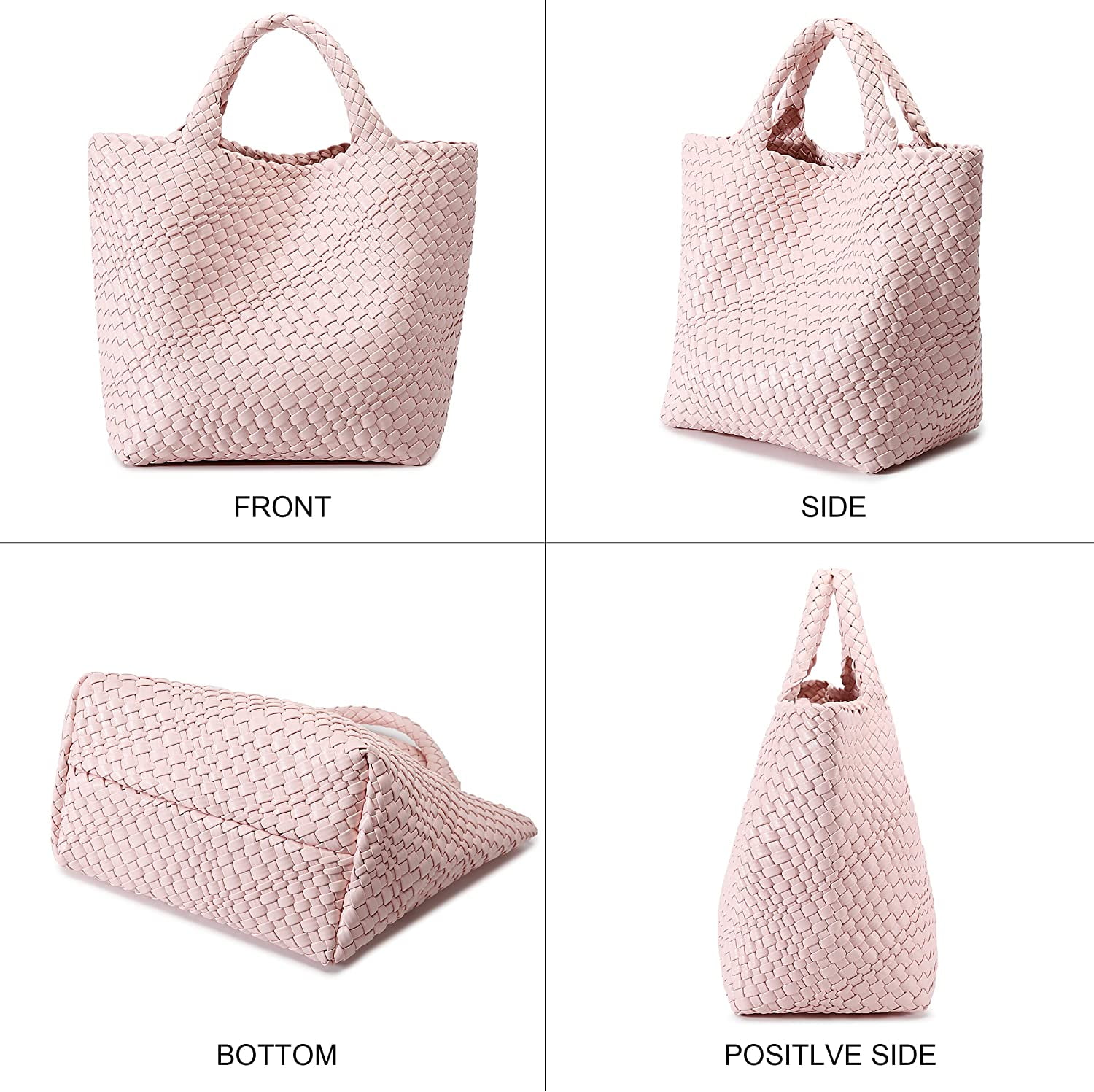 Woven Vegan Leather Tote Bag For Women - Large Retro Handmade Shoulder Bag, Light Pink, Beach & Travel - View #7