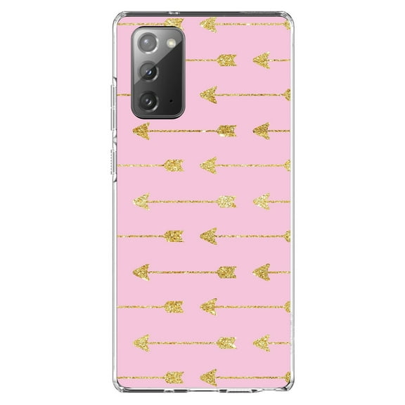 DistinctInk Clear Shockproof Hybrid Case for Samsung Galaxy Note 20 (6.7" Screen) - TPU Bumper, Acrylic Back, Tempered Glass Screen Protector - Pink & Gold Print - Arrows Pattern
