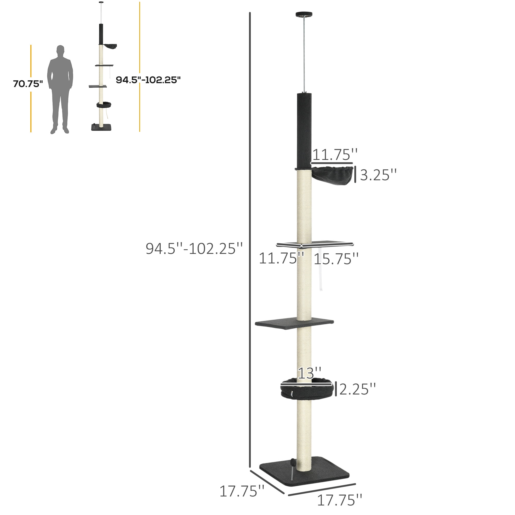 PawHut Floor To Ceiling Cat Tree, 5-Tier Cat Climbing Tower, 95''-106'' Height Adjustable with Carpeted Platforms, Cozy Bed, Hammock, Scratching Post & Toy Ball for Indoor Cats, Black and Cream