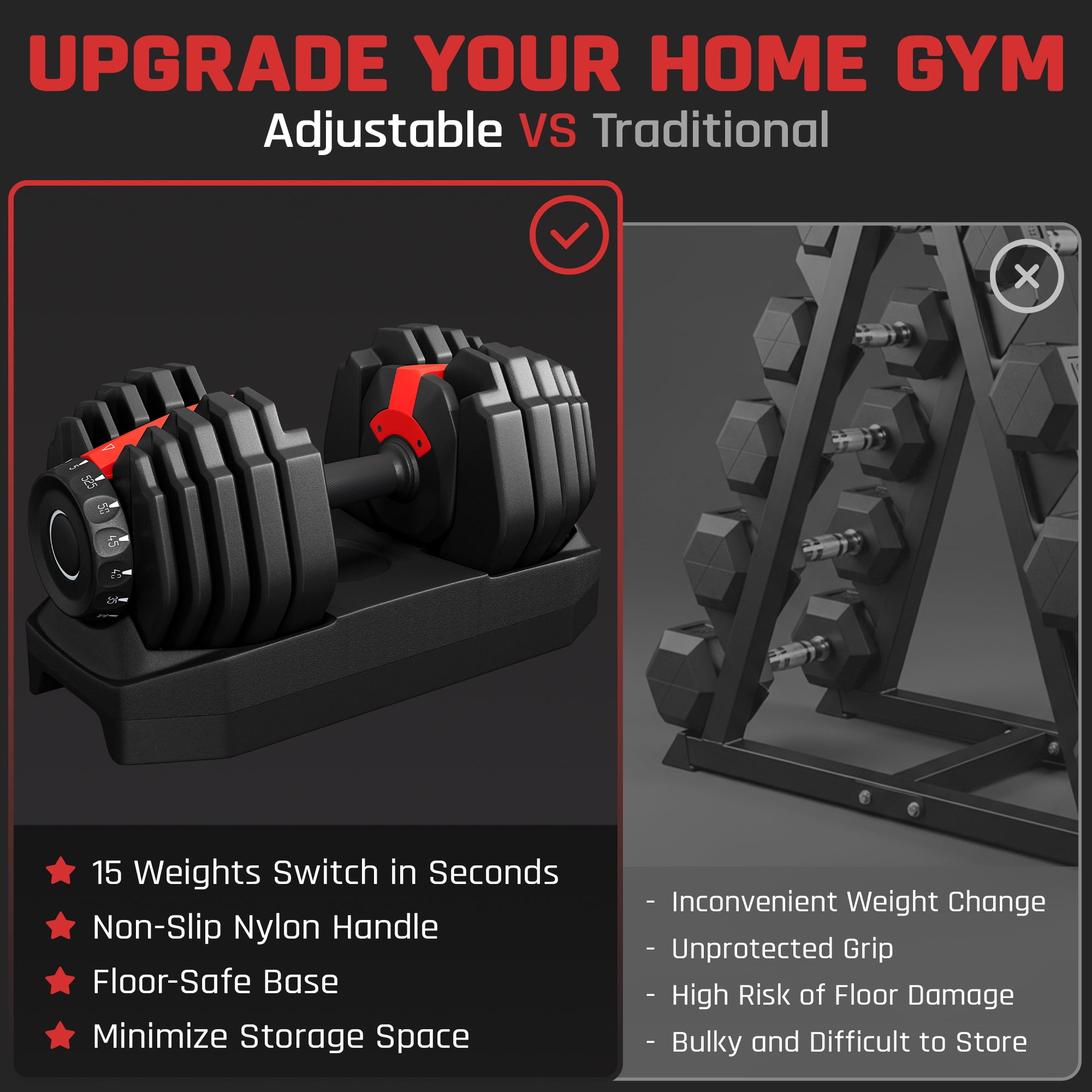 Renwick Quick-Adjust Dumbbell, 5-52.5lbs, 15-in-1, Black, for Home Gym Training