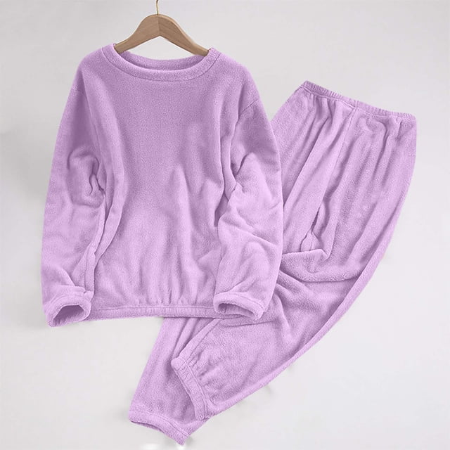 Conjunto de pijama de terciopelo grueso y cálido para mujer, de color liso y holgado, con pantalones de poliéster para invierno.