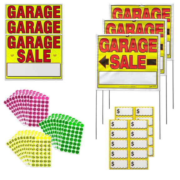 Sunburst Systems 3035 Garage Sale Kit with Garage Sale Labels & Double Sided 14" x 22" Garage Sale Signs with Stakes