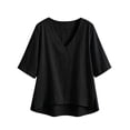 thumbnail image 7 of CYMMPU Women's Summer Linen Blend 2-Piece Outfit, V-Neck 3/4 Sleeve Top with Drawstring Pants, Casual Loungewear Set Black XL, 7 of 7