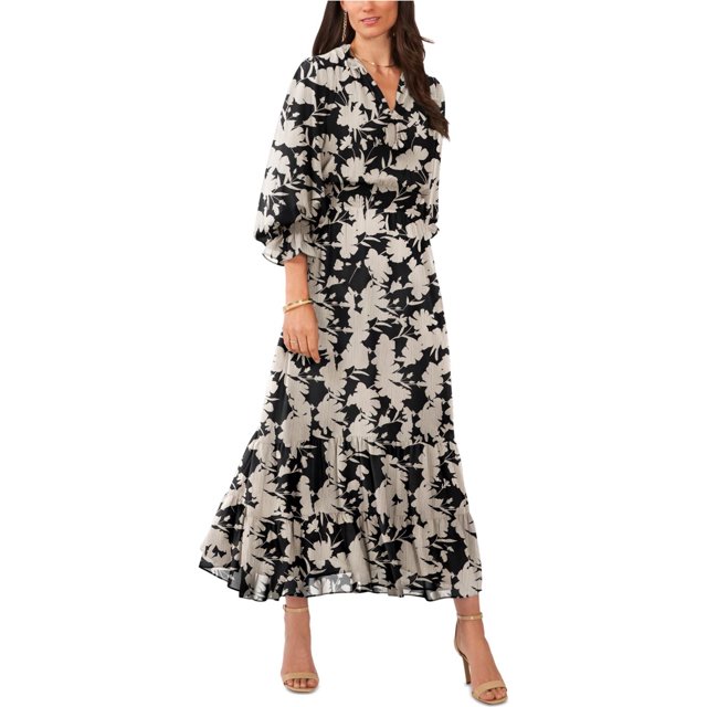 Vince Camuto Womens Floral Print Maxi Dress, blackbeige, M