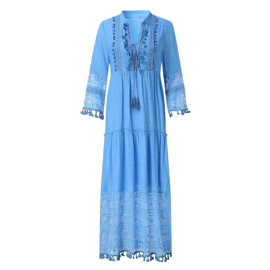 fartey Maxi Dress for Women Bohemian Print V Neck Long Sleeve Plus Size Dress Lace Solid Color Tiered Loose Swing Dress