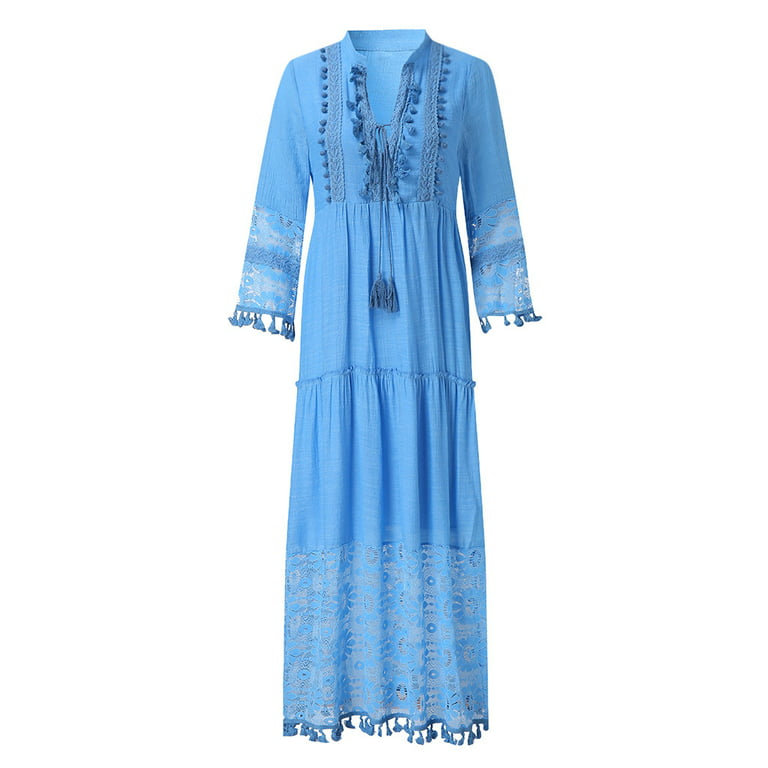 Patlollav Clearance Dresses for Womens Bohemian Plus Size V-Neck Solid  Color Lace Tassel Long Dress 