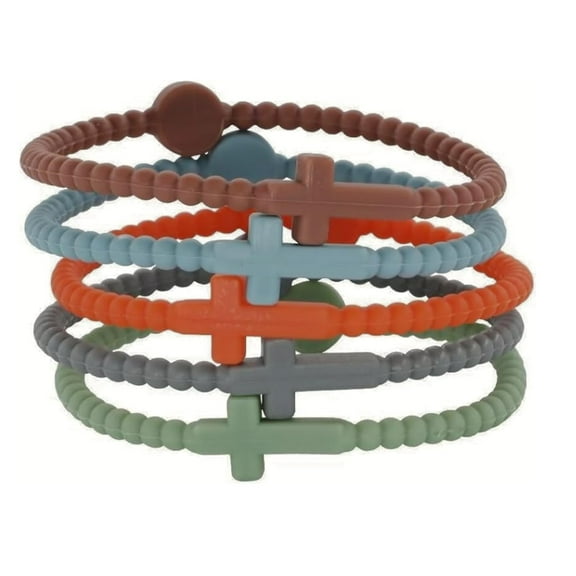 Lashicorn Silicone Cross Bracelets 5 Pack pcs Big Pack Bulk Neutral Earth Tones Colors Jesus Eternal Life Bracelet Adult for Women Brown White Gray Tan