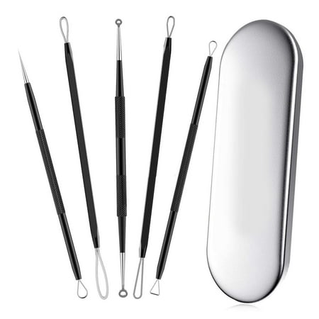 Blackhead remover,Acne treatment,Pimple Popper,Face Skin Care Kit,Professional Comedone Blemish, Zit, Whitehead Scar Extractor, 5 Piece Surgical Grade Stainless Steel Tools & Travel Case (black)