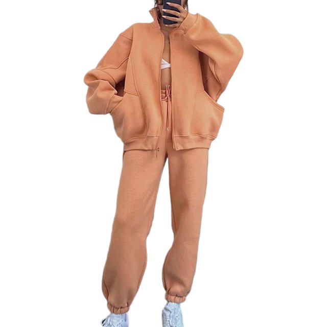 MAWCLOS Women Sweatsuits Long Sleeve Two Piece Outfit Solid Color Tracksuit Sets Warm Sports Zip Up Jogger Set Orange Red S