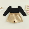 thumbnail image 4 of Toddler Kids Girls 2 Pieces Outfits  Solid Color Knitted Ribbed Puff Long Sleeve Tops + PU Leather Buttons Shorts Set, 4 of 9
