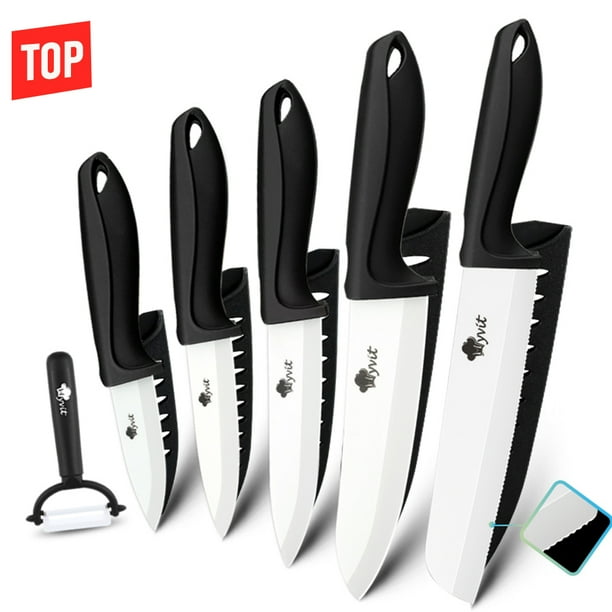 Myvit Juego de Cuchillos de Cerámica, Cuchillos de Cocina de Cerámica de 6 Piezas con Tapas, Cuchillo de chef de 6", Cuchillo de Pan Dentado de 6", Cuchillo de Pelar de Frutas de 5", 4", y Pelador
