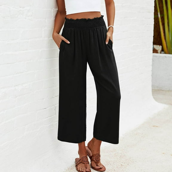 AGWOLF Women's Cotton Linen Culottes Pants Elastic Waist Wide Leg Palazzo Trousers Plus Size Palazzo Pants for Women Summer Cropped Pants with Pockets