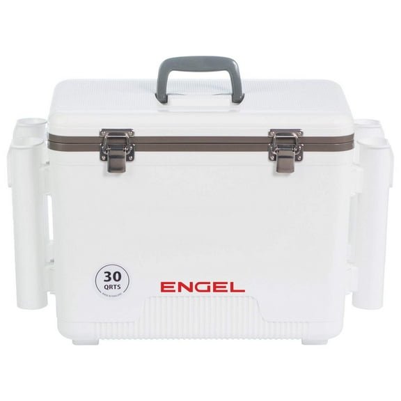 ENGEL 30 Qt Leak-Proof Insulated Drybox Cooler with 4 Rod Holders - White