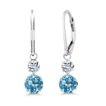Gem Stone King 925 Sterling Silver Swiss Blue Topaz and White Topaz Drop Dangle Earrings for Women (2.46 Cttw, Gemstone November Birthstone, Round 6MM and 4MM)