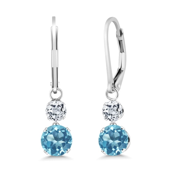 Gem Stone King 925 Sterling Silver Swiss Blue Topaz and White Topaz Drop Dangle Earrings for Women (2.46 Cttw, Gemstone November Birthstone, Round 6MM and 4MM)