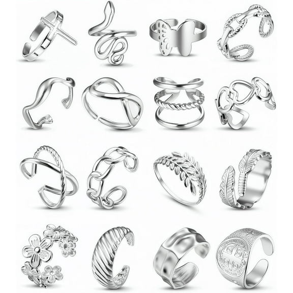 16Pcs Stainless Steel Rings for Women Open Chunky Stackable Rings Adjustable Silver Rings Thumb Finger Rings Simple Statement Rings Non Tarnish