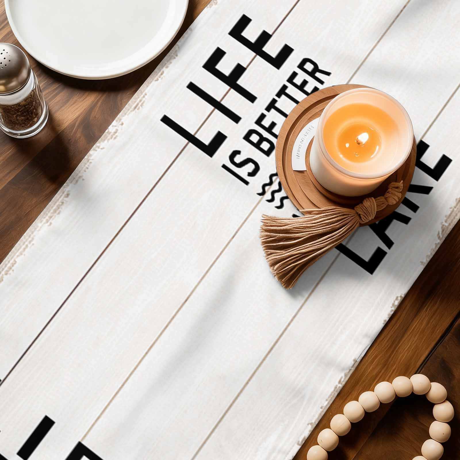 Life Is Better at The Lake Table Runner, Rustic Black Artistic Aesthetics Washable Cotton Linen Table Runners 90 Inches Long, Dresser Scarf Runner for Dining/Coffee/Kitchen/Hallway Tables 13''x90''