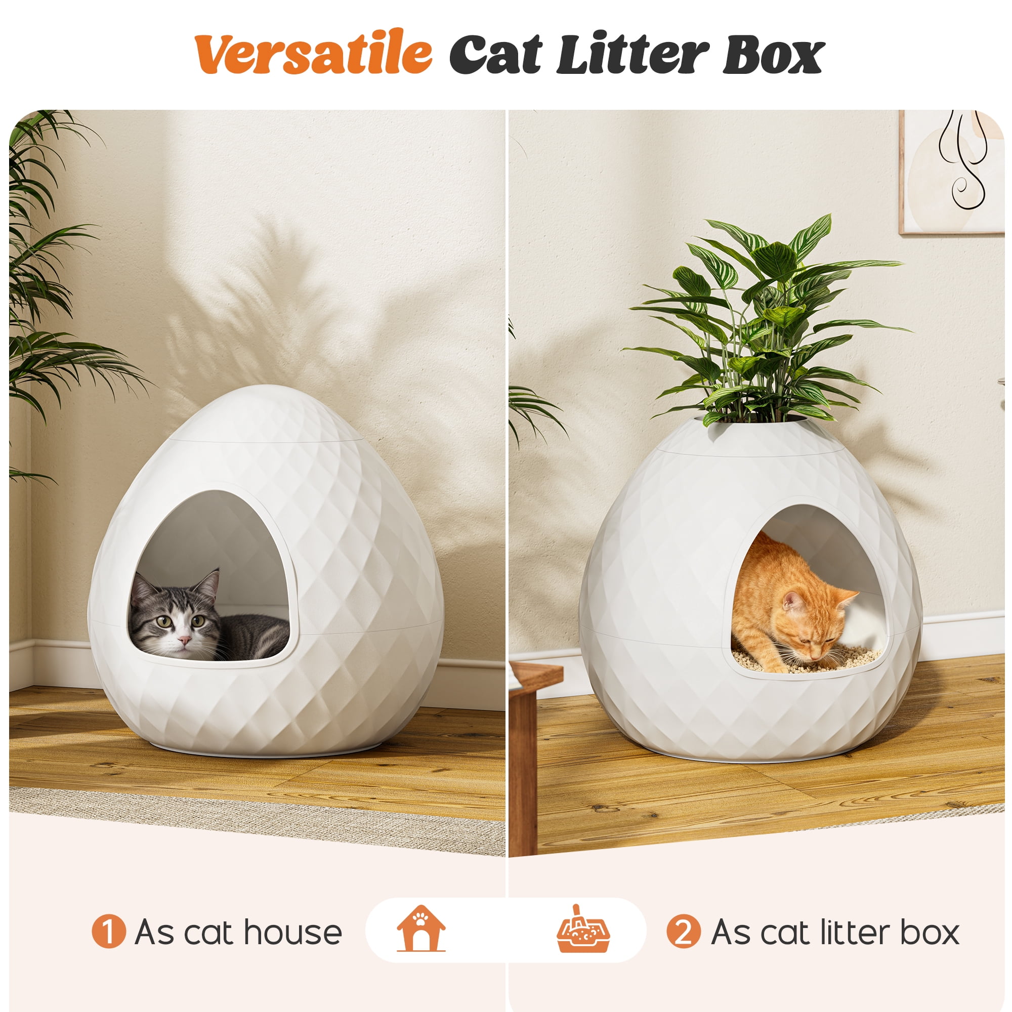 LHBcraft Cat Litter Box Enclosure, Resin Egg-Shaped Hidden Litter Box Furniture with Removable Planter Top, Multi-Functional & Easy to Clean for Living Room Indoor, White