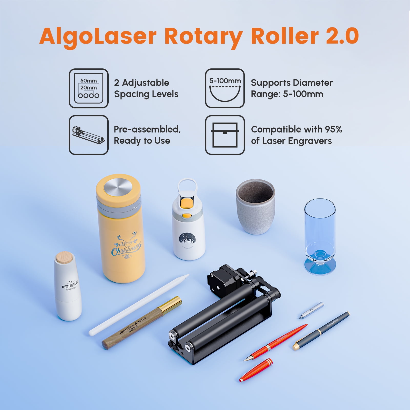 ORTUR Laser Rotary Roller YRR 3.0, Pre-assembled 360° Y-axis Rotary for Cylinder Engraving, Adjustable Diameters from 1mm-41mm